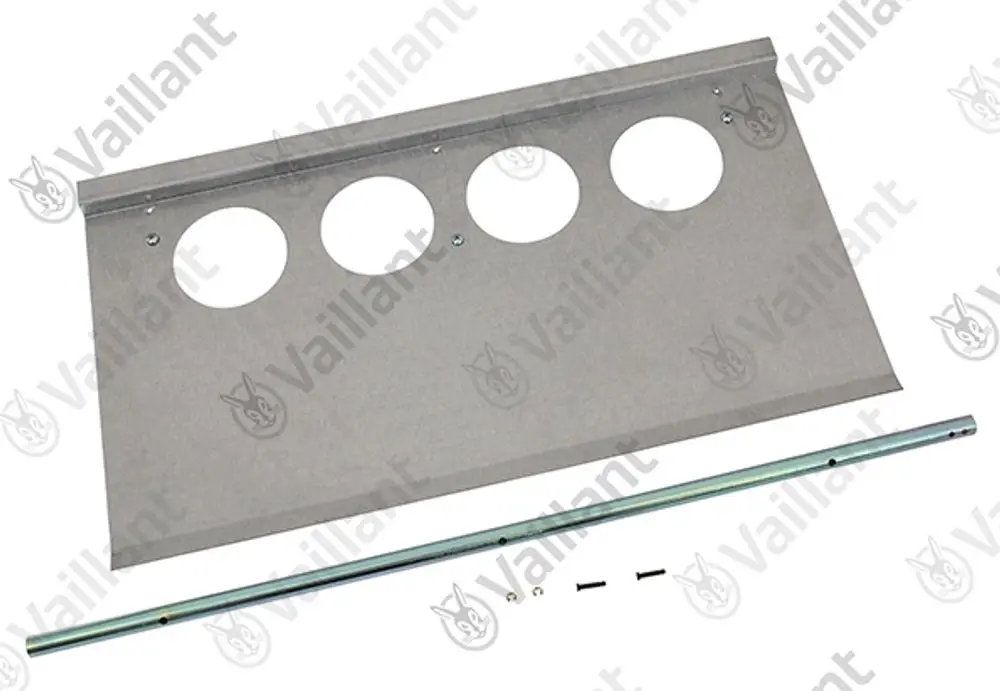 Vaillant Abgasklappe mit vier kreisförmigen Öffnungen, Metallplatte und Zubehörteilen, darunter eine Metallstange und Schrauben für die Befestigung.